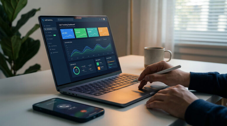 Dashboard de suivi d'appels sur un ordinateur portable moderne avec un smartphone à côté.