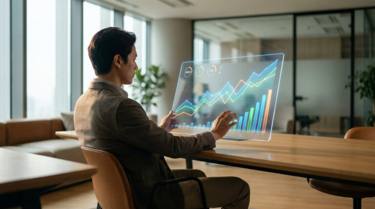 Un professionnel en costume analyse des graphiques de performance Google Ads sur une tablette holographique transparente.