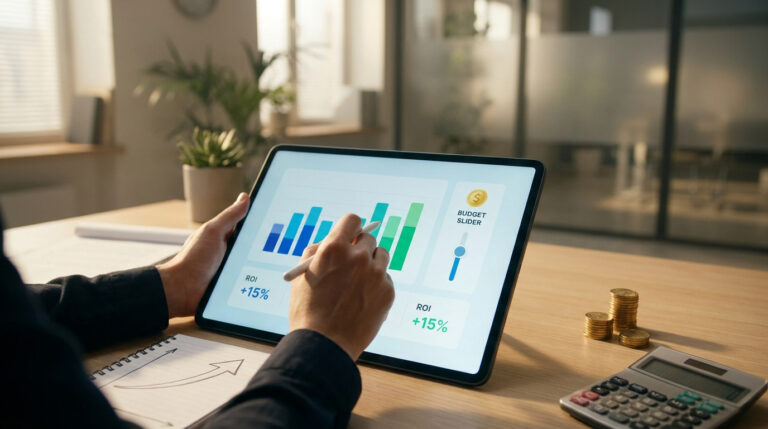 Une personne utilise un stylet sur une tablette affichant des graphiques de performance et un curseur de budget.