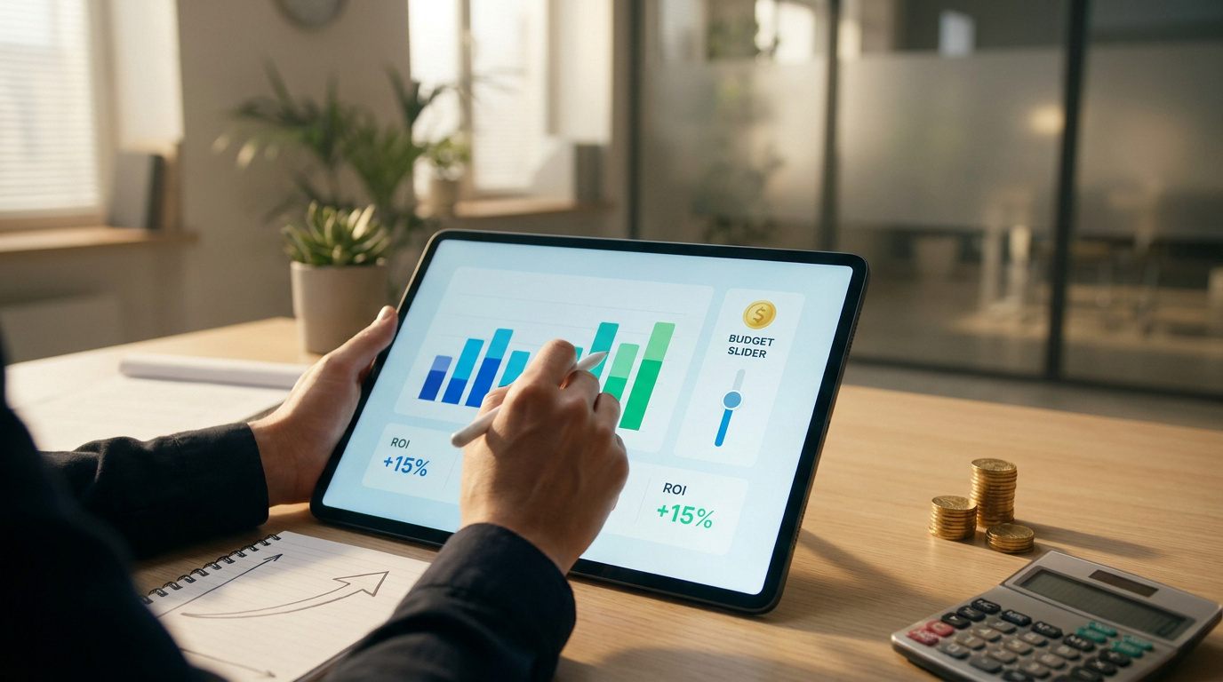 Une personne utilise un stylet sur une tablette affichant des graphiques de performance et un curseur de budget.