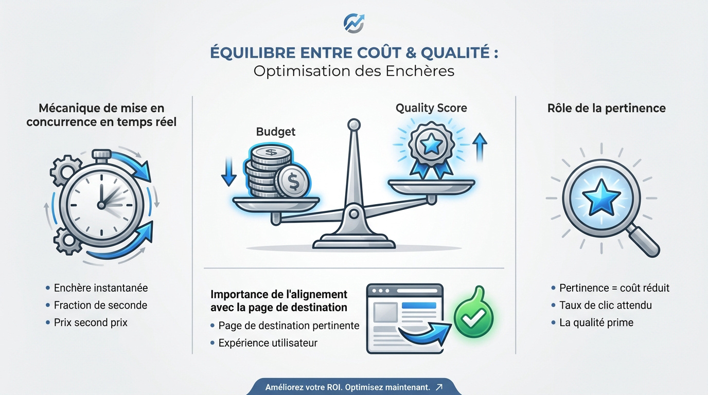 Graphique illustrant l'équilibre entre le coût par clic et le score de qualité dans Google Ads