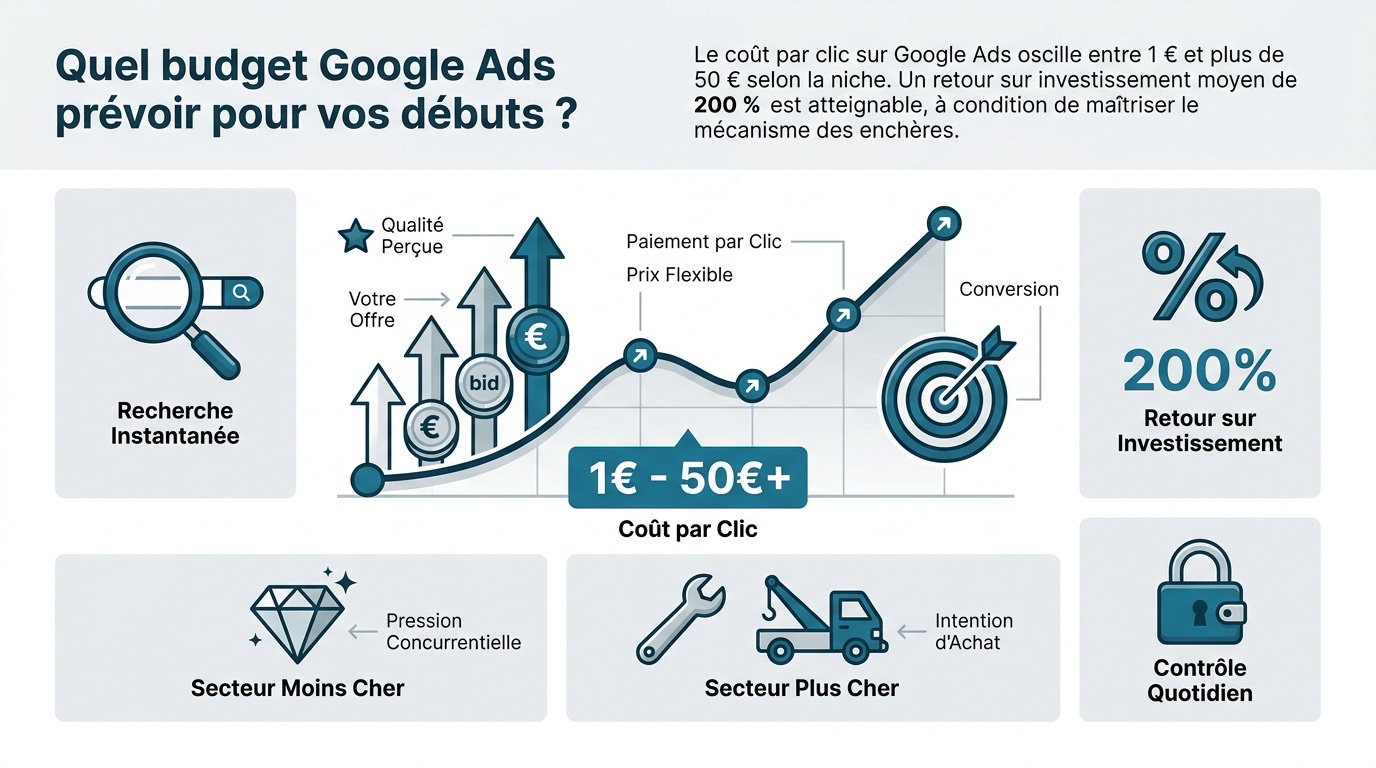 Graphique expliquant le fonctionnement du budget et du ROI sur Google Ads