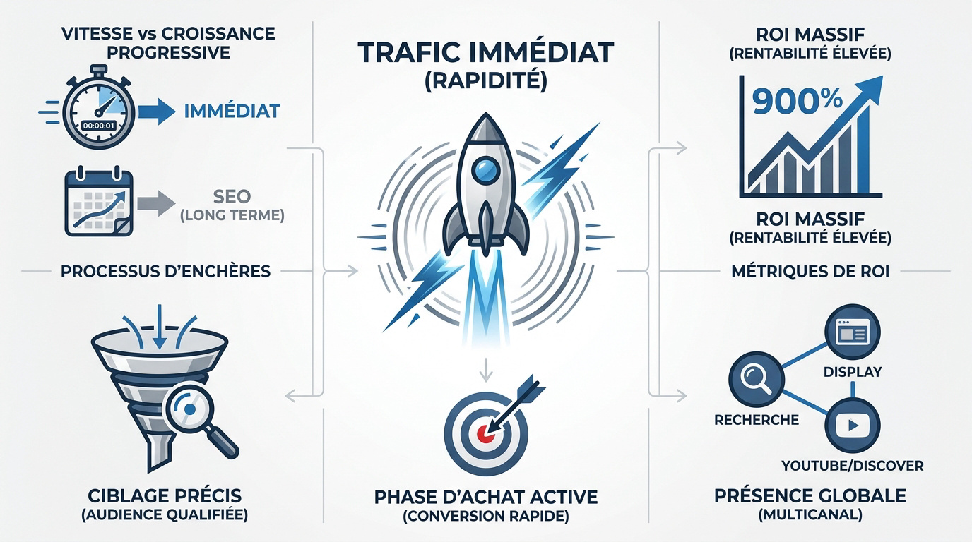 Infographie montrant la rapidité du trafic Google Ads et le potentiel de ROI élevé