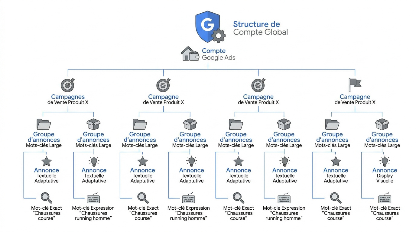 Schéma de la hiérarchie d'un compte Google Ads incluant campagnes et groupes d'annonces