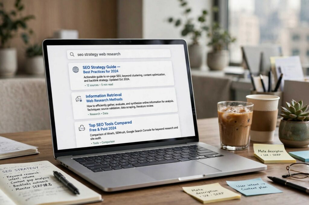 Stratégie SEO et résultats de recherche sur ordinateur portable